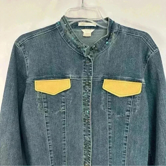 Christopher & Banks Denim Jacket Embroidered Stretch Womens Sz Large Snap Button - Picture 6 of 16